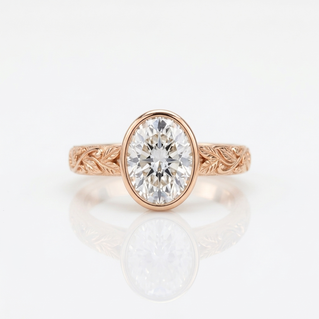 Front view of a 3 carat oval lab grown diamond bezel engagement ring in rose gold with botanical leaf engraving.