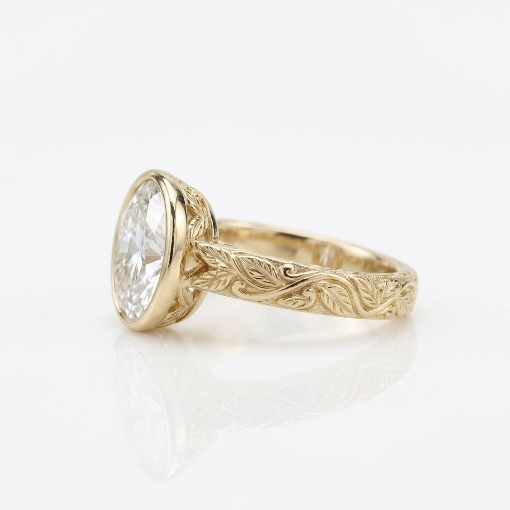 Side profile angle of a yellow gold 3 ct oval lab diamond bezel ring showing hand-carved leaf shank details.