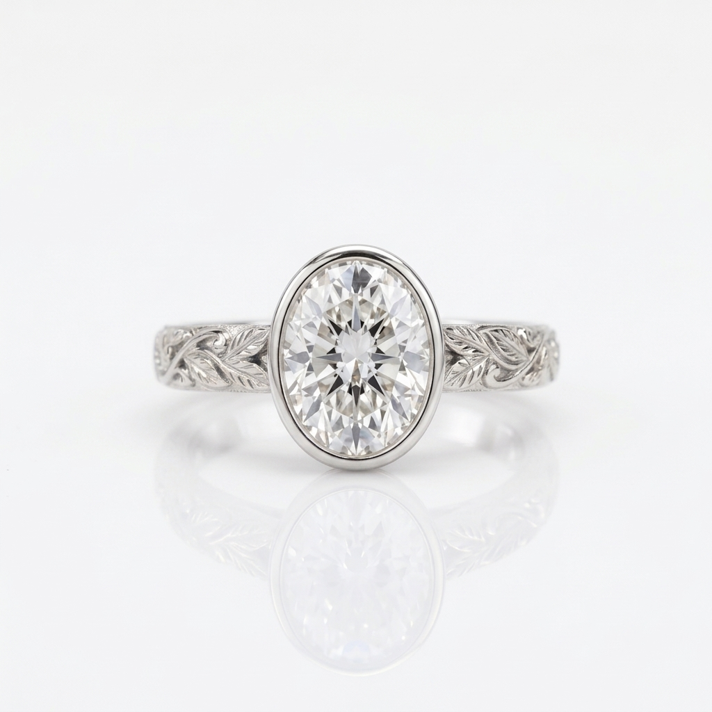 Front view of a 3 carat oval lab grown diamond bezel ring in white gold featuring vintage leaf scrollwork.