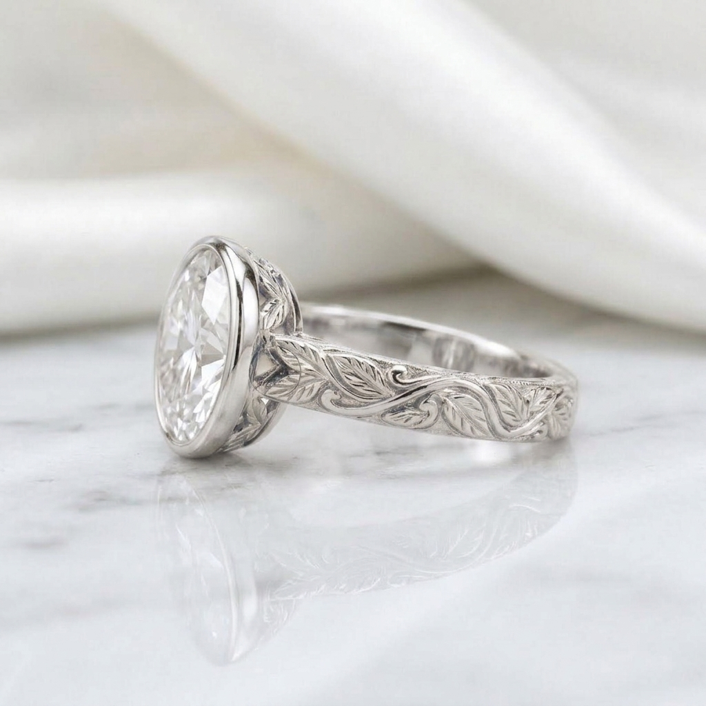 Side angle view of a white gold bezel set 3 ct oval lab grown diamond ring with carved leaf pattern shank.