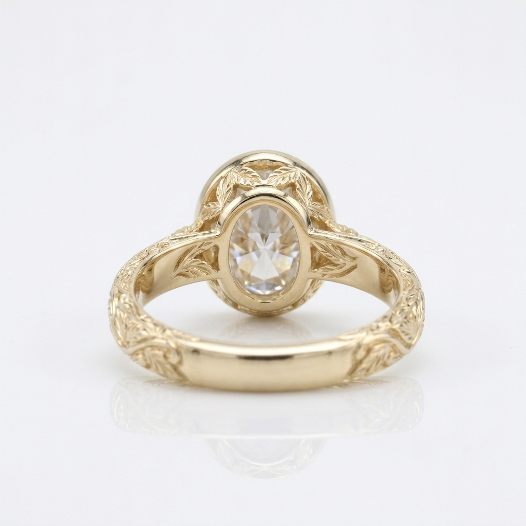 Underside back view of a yellow gold 3 ct oval lab diamond ring with leaf-engraved bezel basket structure.
