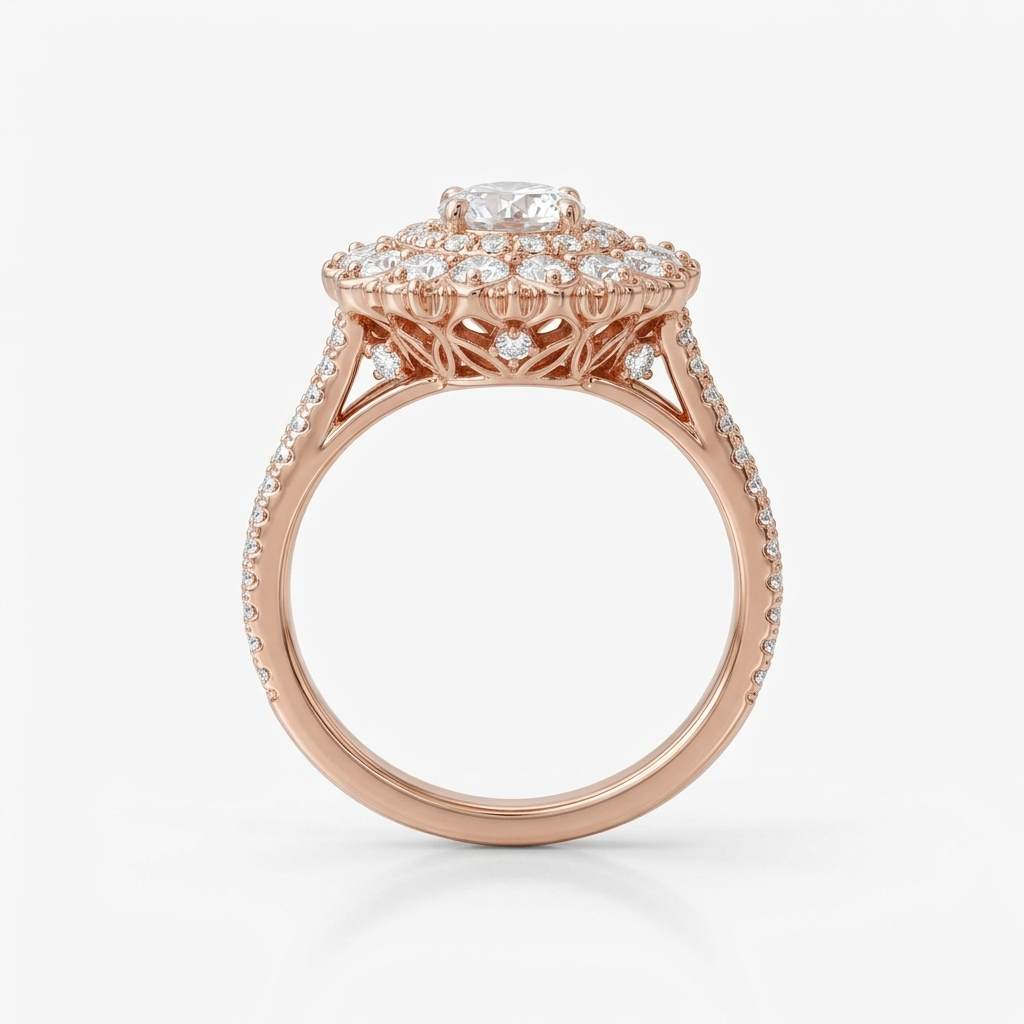 Side profile view of a rose gold 2 carat round lab grown diamond ring with openwork floral lattice basket and split shank.