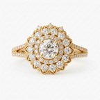 Front top view of a 2 ct round lab grown diamond floral double halo engagement ring in yellow gold.