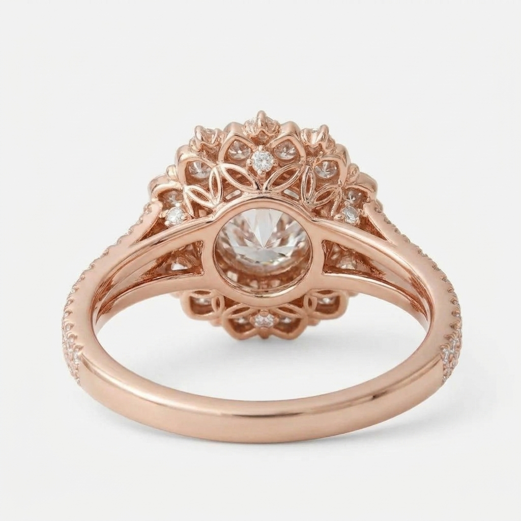 Underside view of a rose gold floral double halo lab diamond ring showing the openwork petal basket construction.