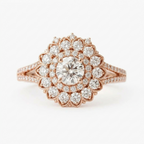 Top-down view of a 2 carat round lab grown diamond double floral halo ring with pavé split shank in rose gold.