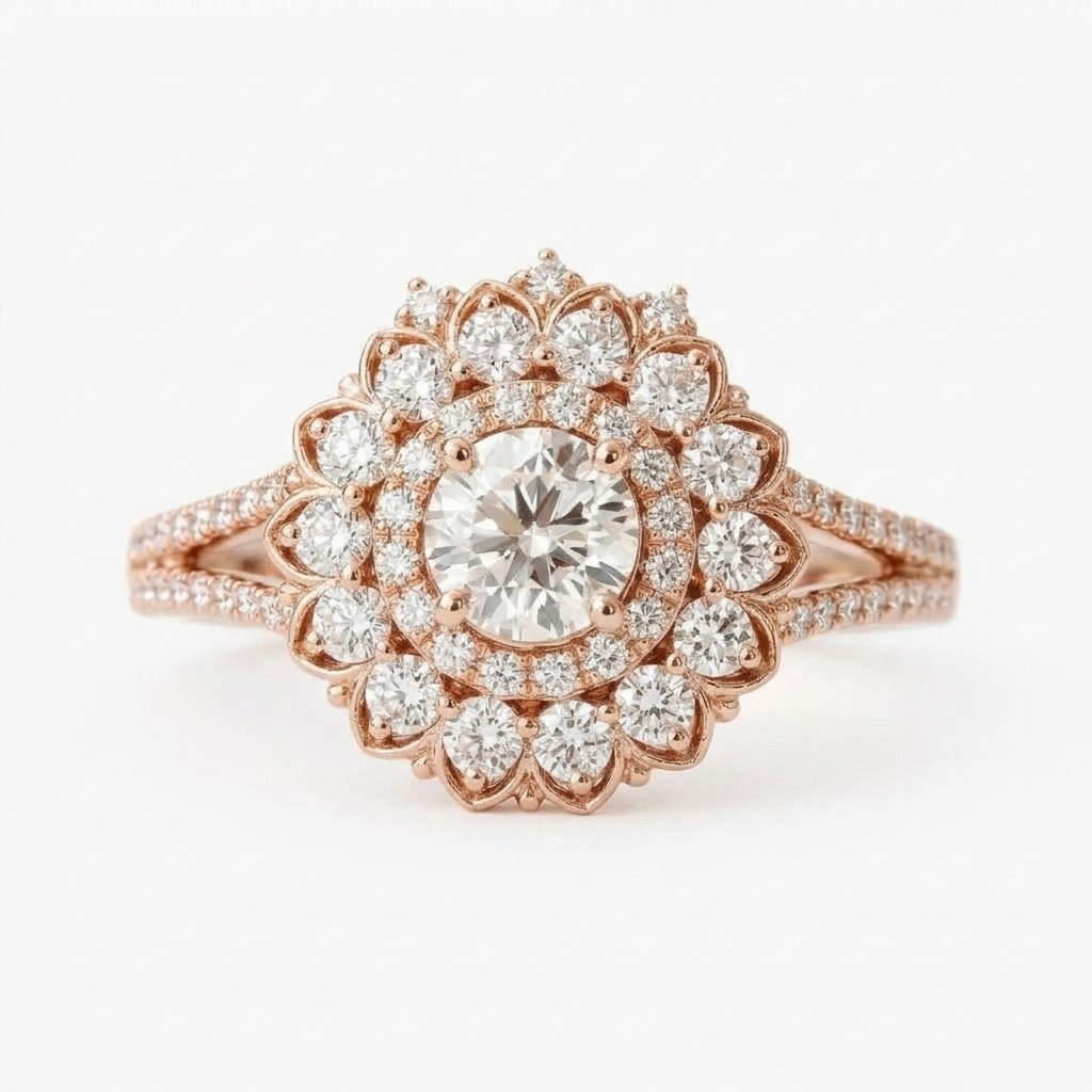 Top-down view of a 2 carat round lab grown diamond double floral halo ring with pavé split shank in rose gold.