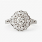 Top-down front view of a white gold 2 carat round lab grown diamond engagement ring with a petal double halo.