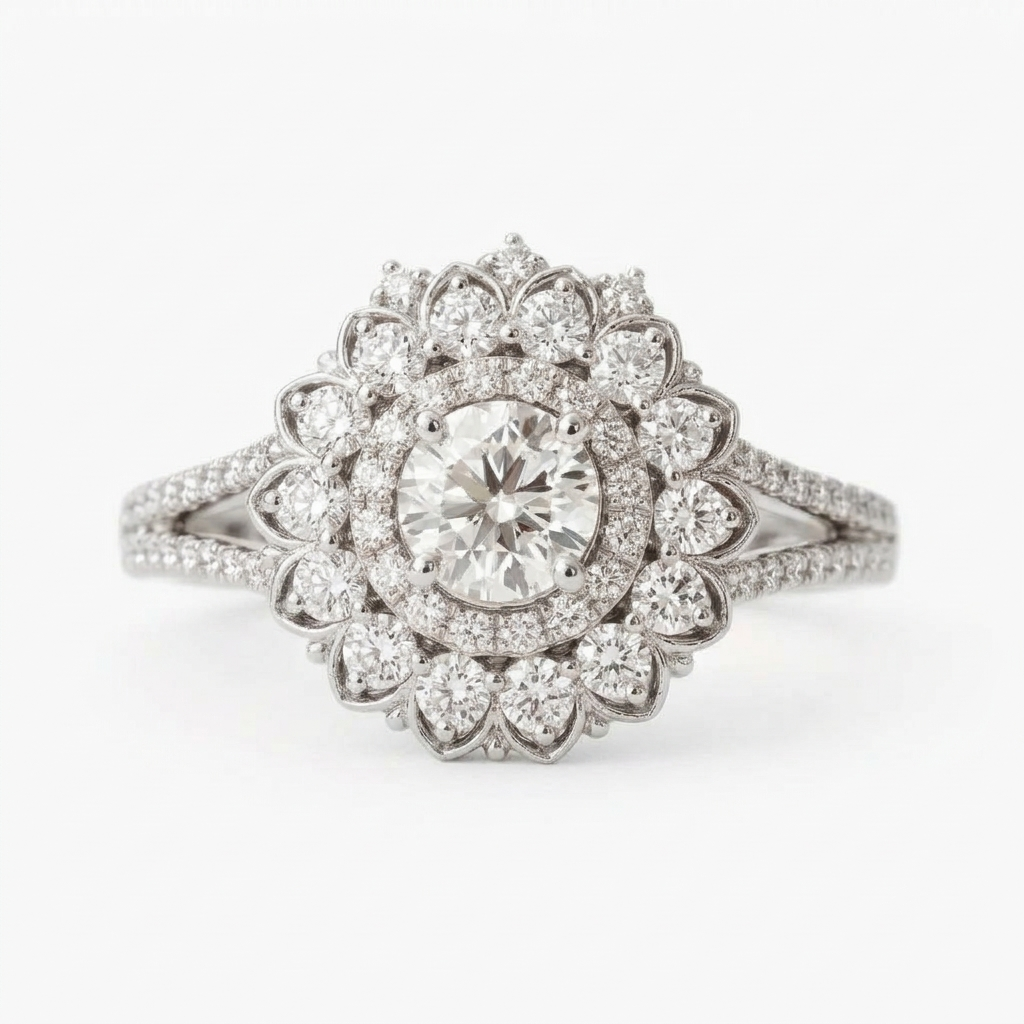 Top-down front view of a white gold 2 carat round lab grown diamond engagement ring with a petal double halo.