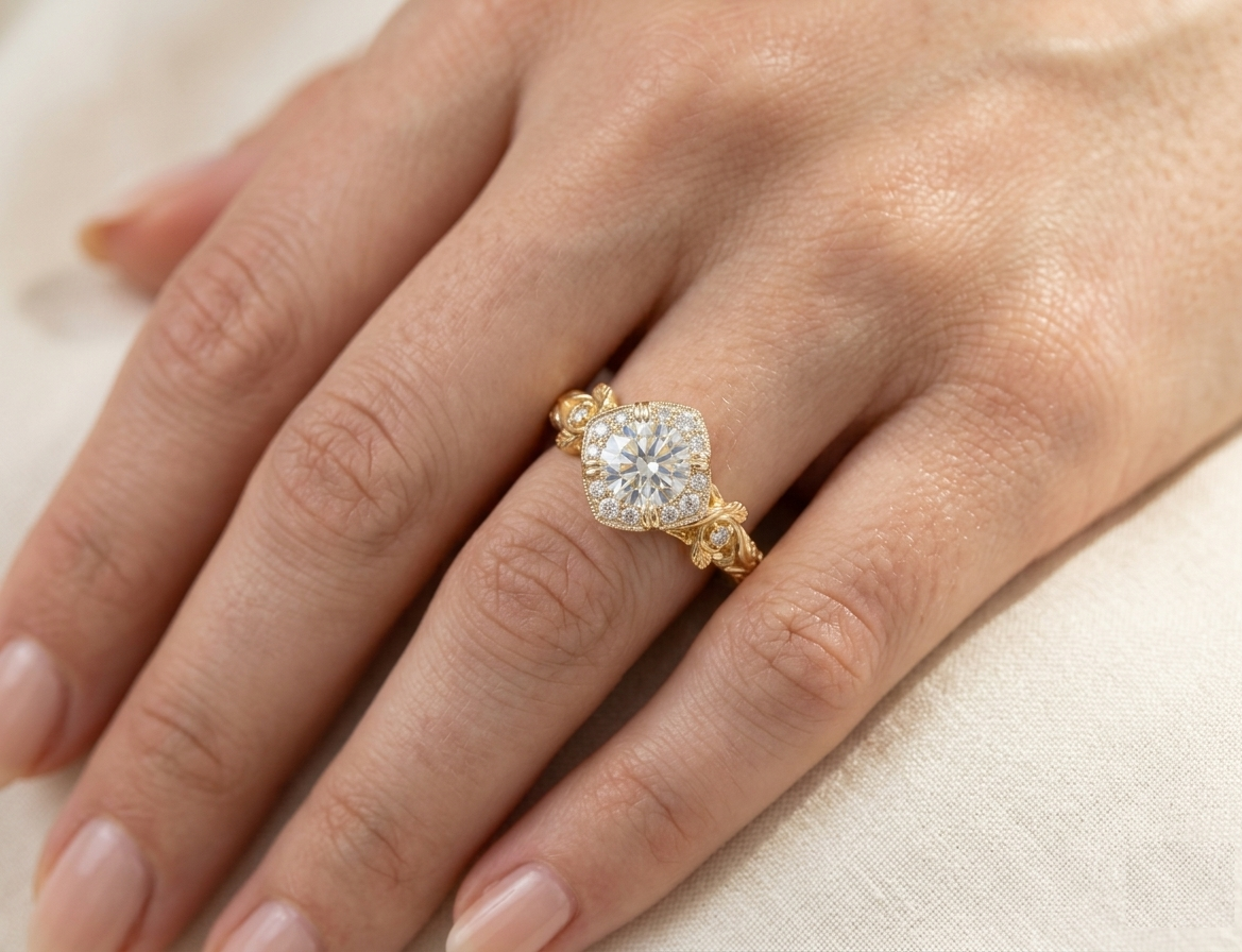 Close-up on-hand view of 2 CT round lab grown diamond ring with leaf band and milgrain halo.