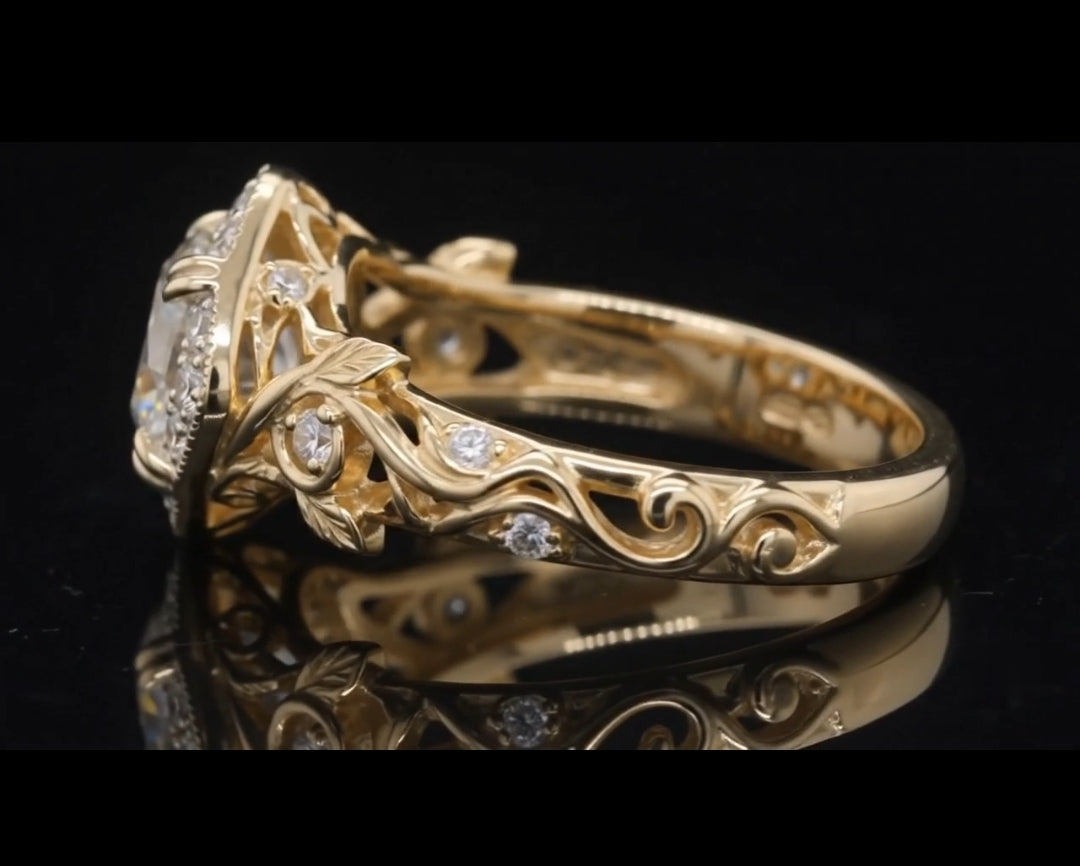 Side view highlighting open gallery architecture and vintage engraved band details.