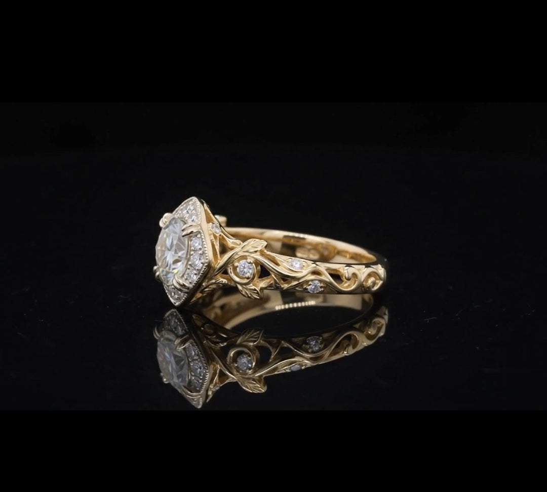 Direct front top-down perspective of 2 CT round lab diamond vintage halo ring.