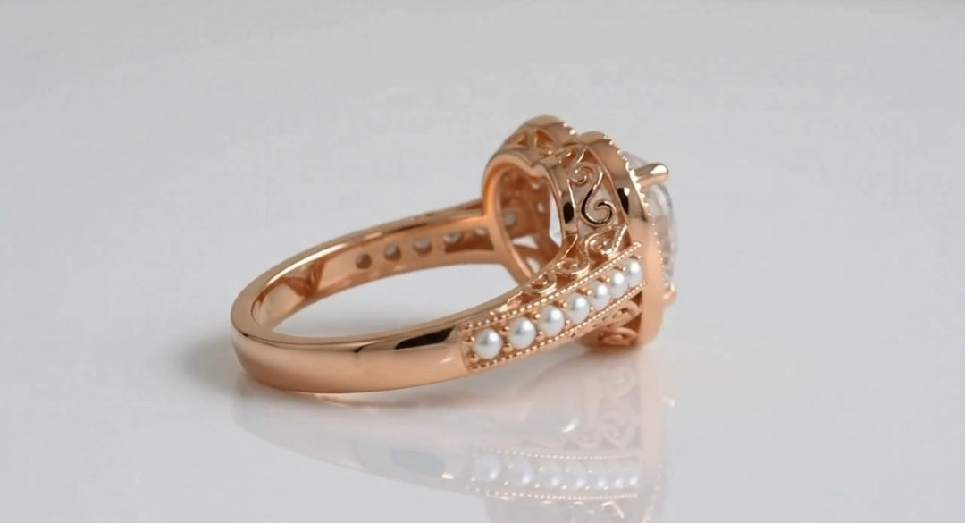 Side profile detail of rose gold band showing filigree under-gallery and inlaid seed pearls