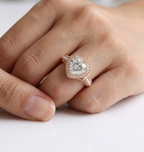 On-hand view of 4 CT heart cut lab grown diamond ring with milgrain halo and pearl band.