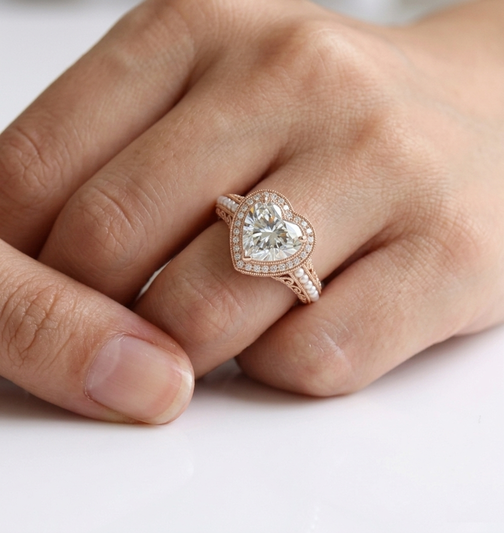 On-hand view of 4 CT heart cut lab grown diamond ring with milgrain halo and pearl band.
