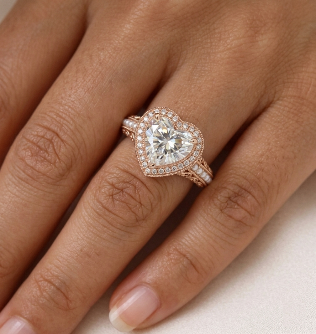 Close-up on-hand perspective of 4 CT heart cut lab diamond ring in rose gold setting.
