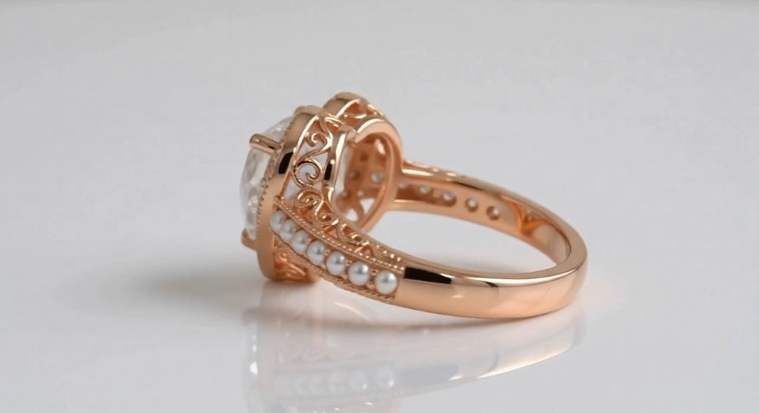 Side profile view showing filigree gallery architectural detail and side pearls in rose gold.
