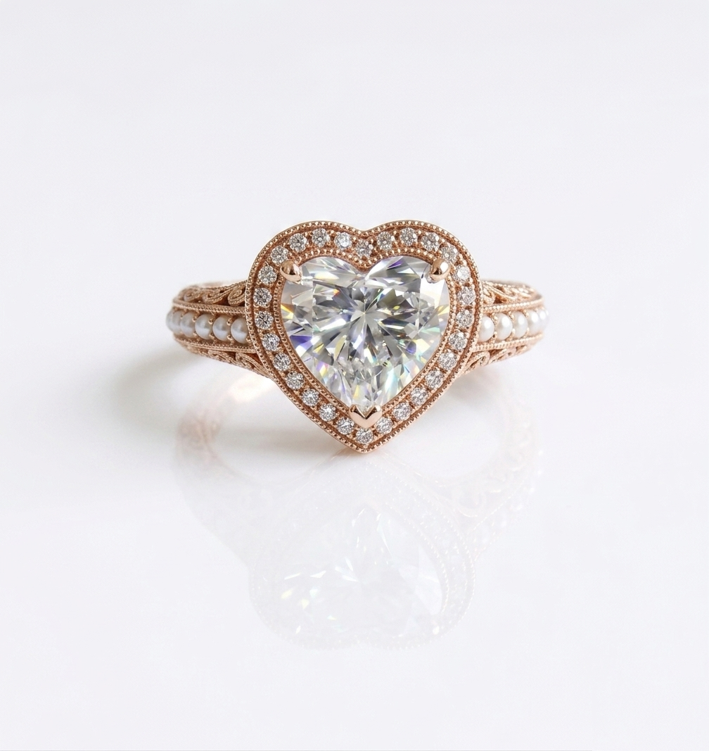 Top-down view of 4 CT heart cut diamond with milgrain halo and seed pearl band accents