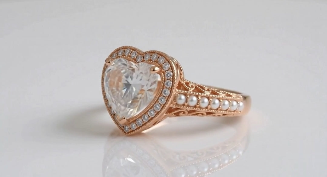 Three-quarter perspective of rose gold heart diamond ring on white reflective surface.
