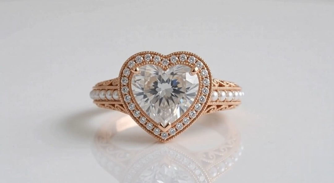 Direct front view of 4 CT heart cut lab diamond ring with pearl and filigree shank.