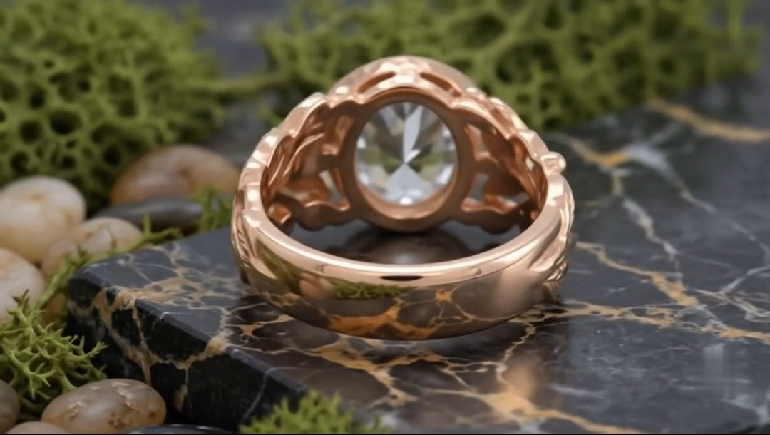 Bottom shank view of rose gold botanical ring showing smooth band and bezel under-gallery.