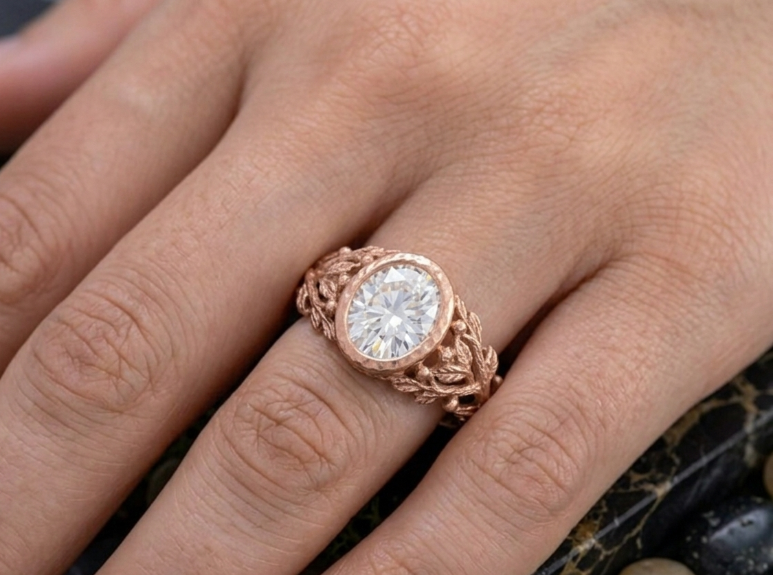 Close-up on-hand shot of 3 CT oval lab diamond engagement ring with leaf branch motif.