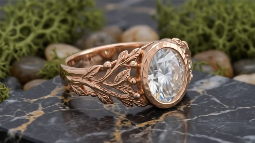 Three-quarter angle of rose gold leaf engagement ring on dark marble background.