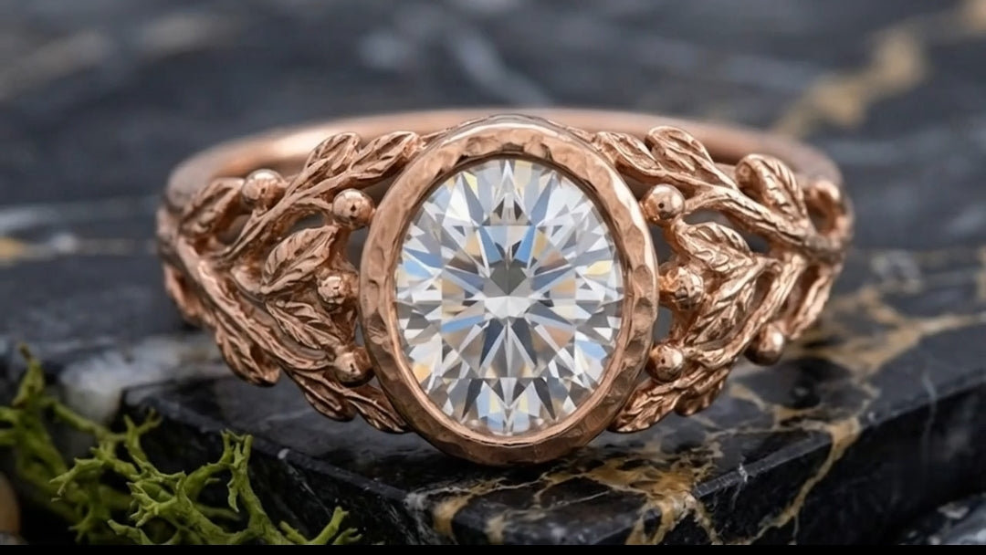 Front view of 3 CT oval lab grown diamond featuring artisan-hammered bezel frame.