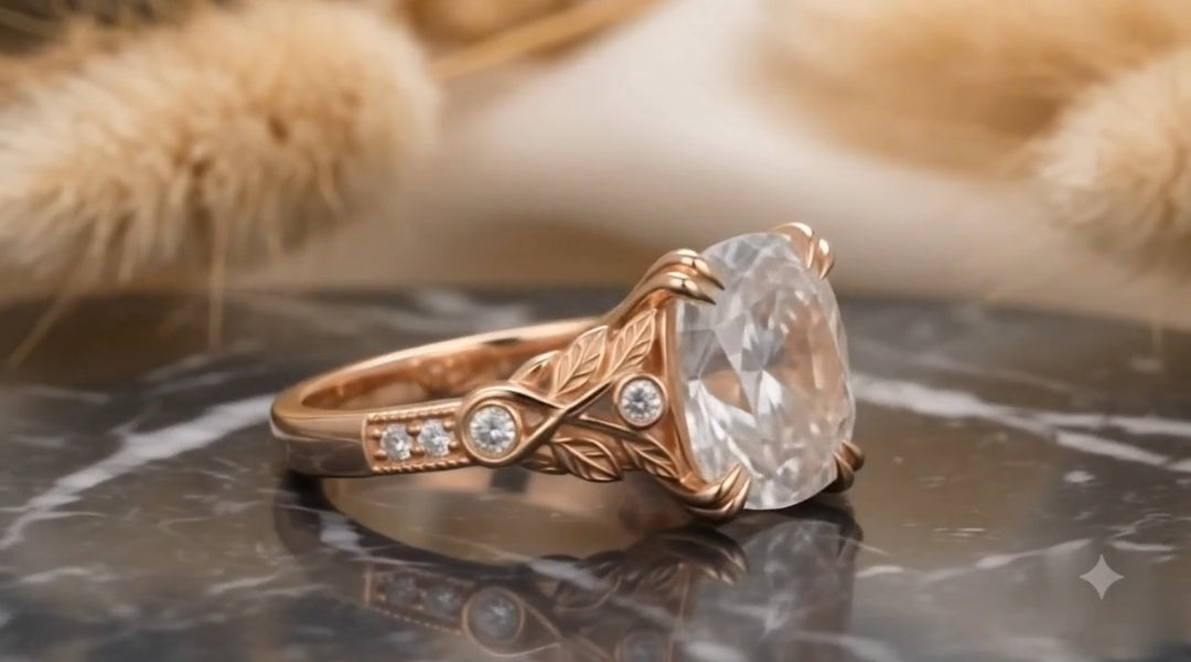 Side view of 3 CT cushion cut lab diamond ring with rose gold leaf carving and double claw prongs.