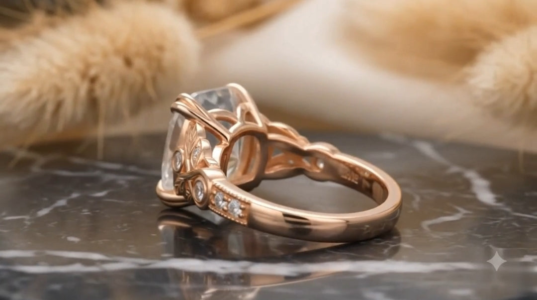 Profile view of openwork basket gallery and smooth rose gold shank on 3 CT cushion ring.