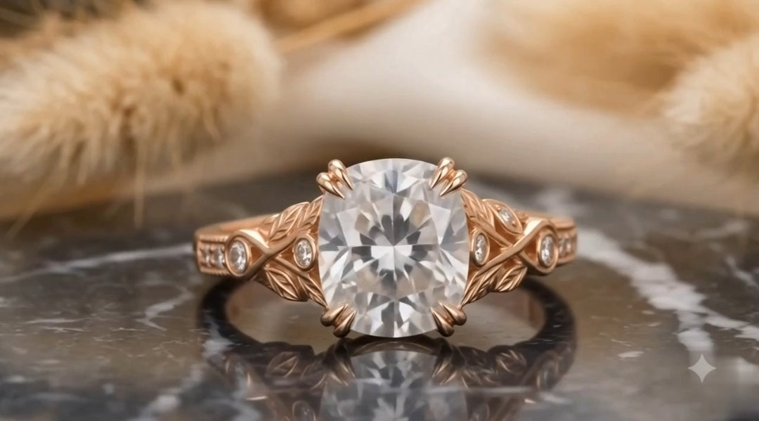 Front view of 3 CT cushion cut lab diamond vintage botanical engagement ring in rose gold.