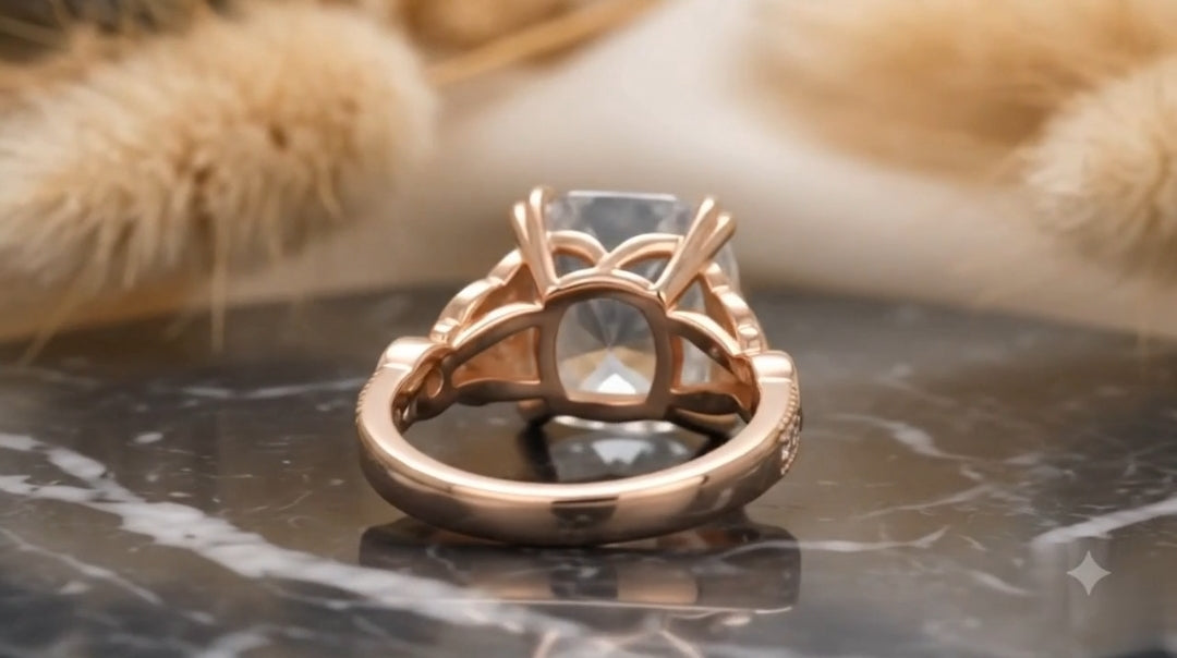 Rear view showing open gallery basket construction on rose gold cushion diamond ring.