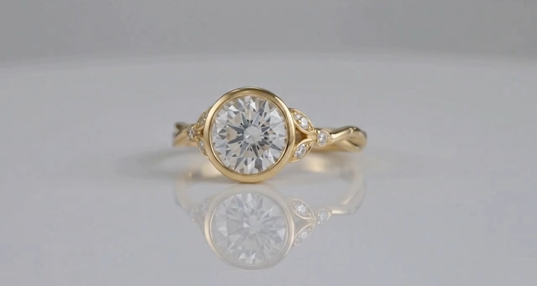 Front reflection view of 3 CT round lab grown diamond bezel ring in yellow gold.