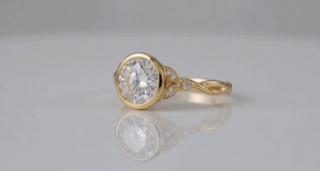 Angled studio shot of yellow gold bezel round diamond ring with leaf shoulders and twisted vine band.