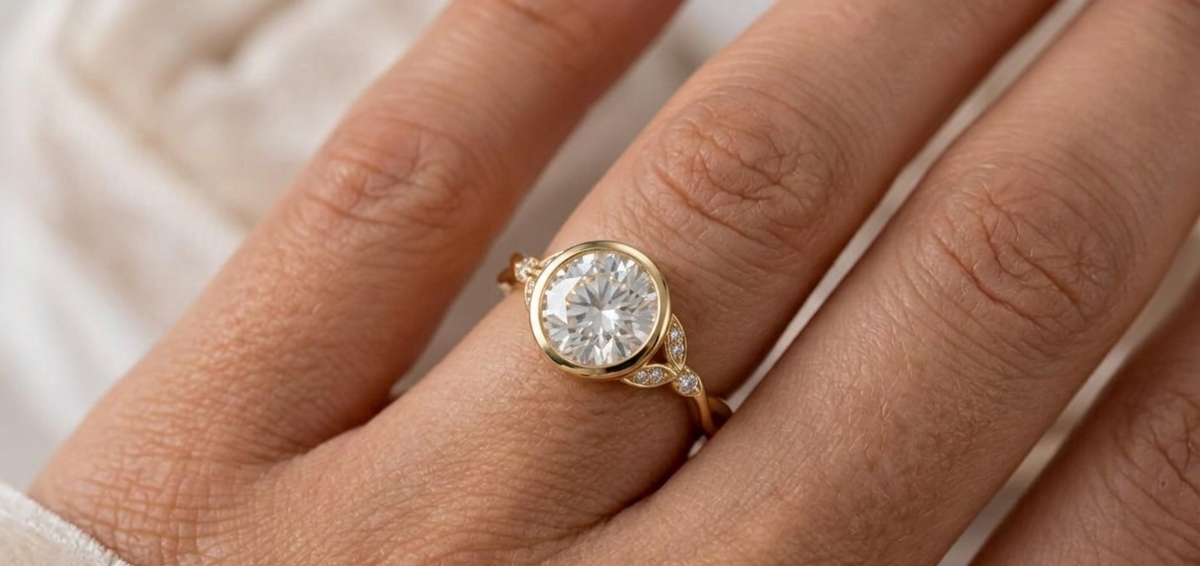 Top-down view on hand showing 3 CT round bezel set diamond ring with leaf accents.
