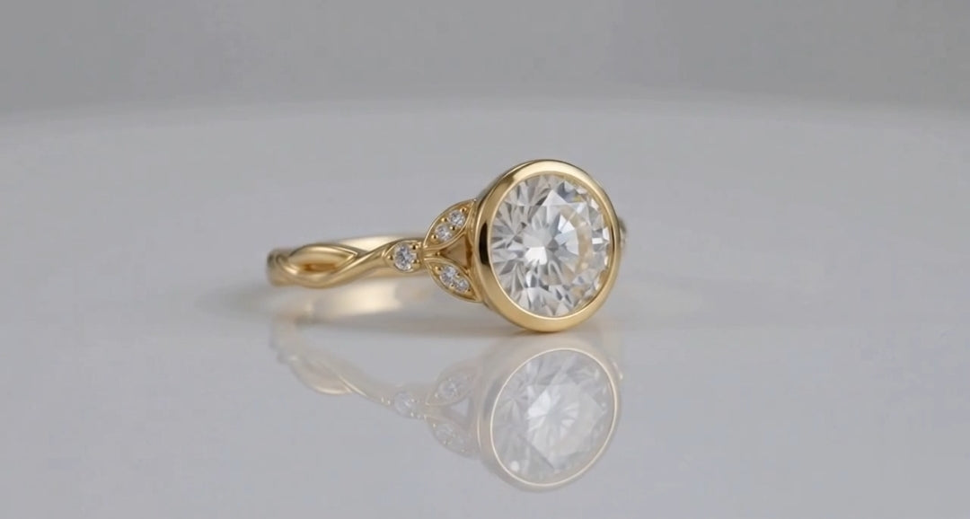 Side-angled studio shot highlighting leaf shoulders and bezel set round diamond center.