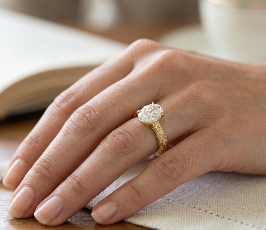 On-hand view of 4 CT oval lab grown diamond vintage engraved engagement ring.