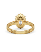 Rear view of a 4 CT oval lab grown diamond ring showing the engraved filigree band and scalloped undergallery in yellow gold.