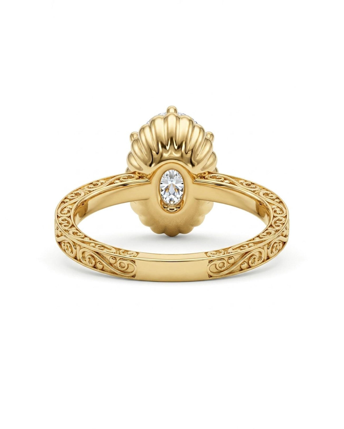 Rear view of a 4 CT oval lab grown diamond ring showing the engraved filigree band and scalloped undergallery in yellow gold.