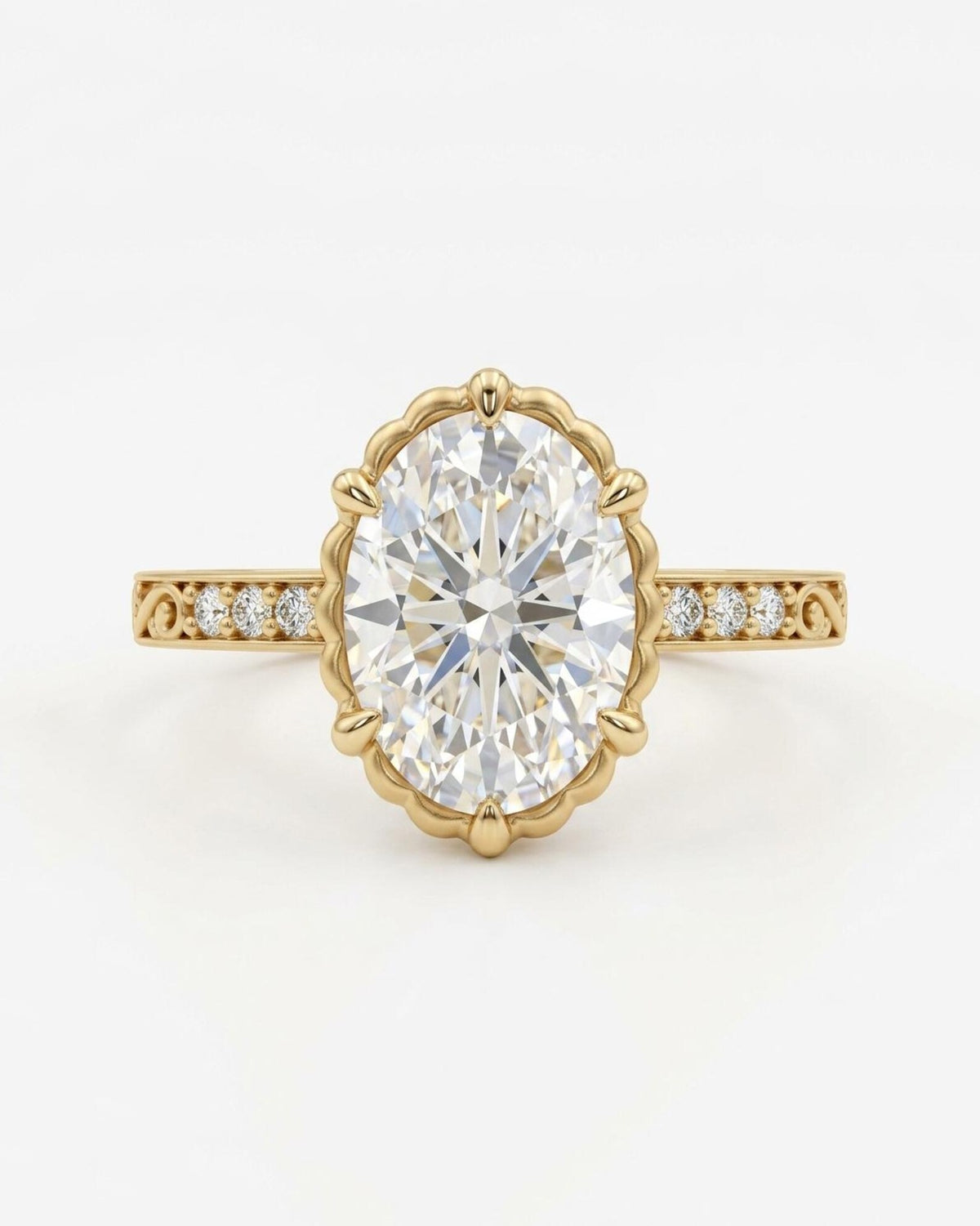 Top-down view of a 4 CT oval lab grown diamond ring in a scalloped yellow gold crown setting with accent diamonds.