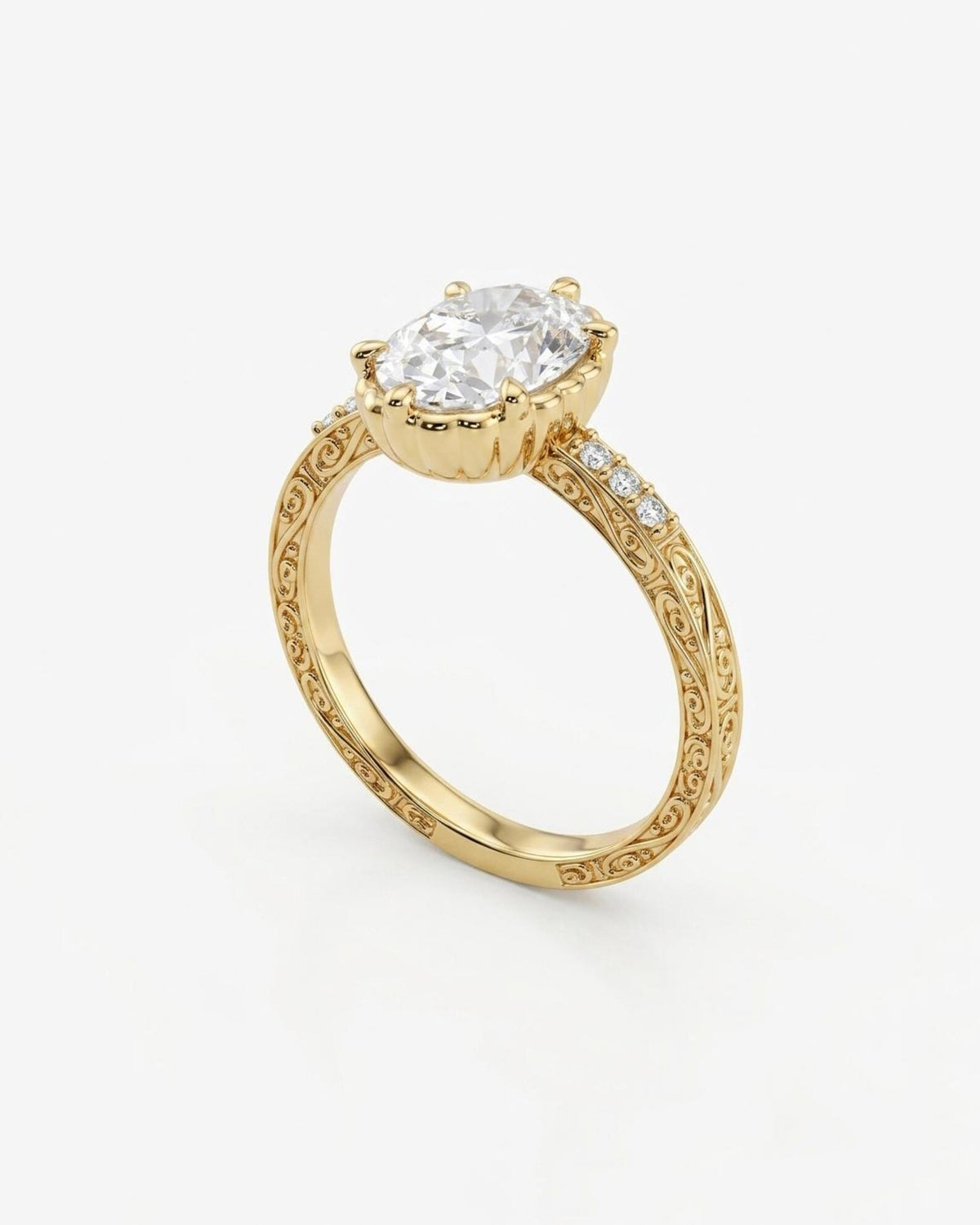 Angled view showcasing the 4 CT oval lab grown diamond, scalloped basket setting, and scrollwork filigree band in yellow gold.