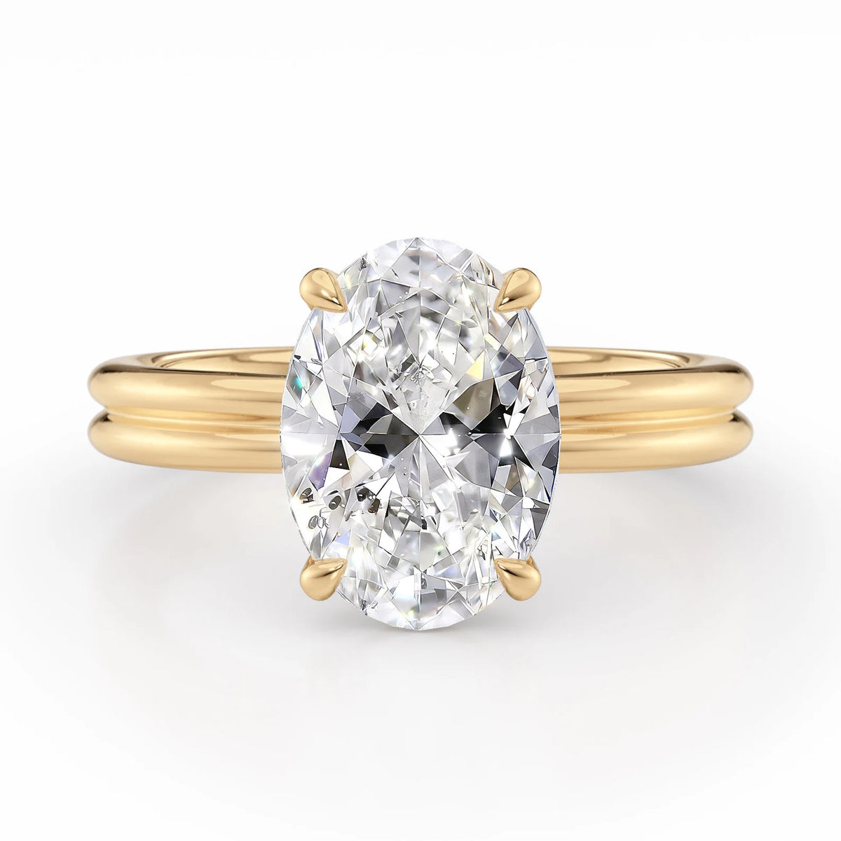Front view of a 4 CT oval lab grown diamond ring with a double-wire band in yellow gold.
