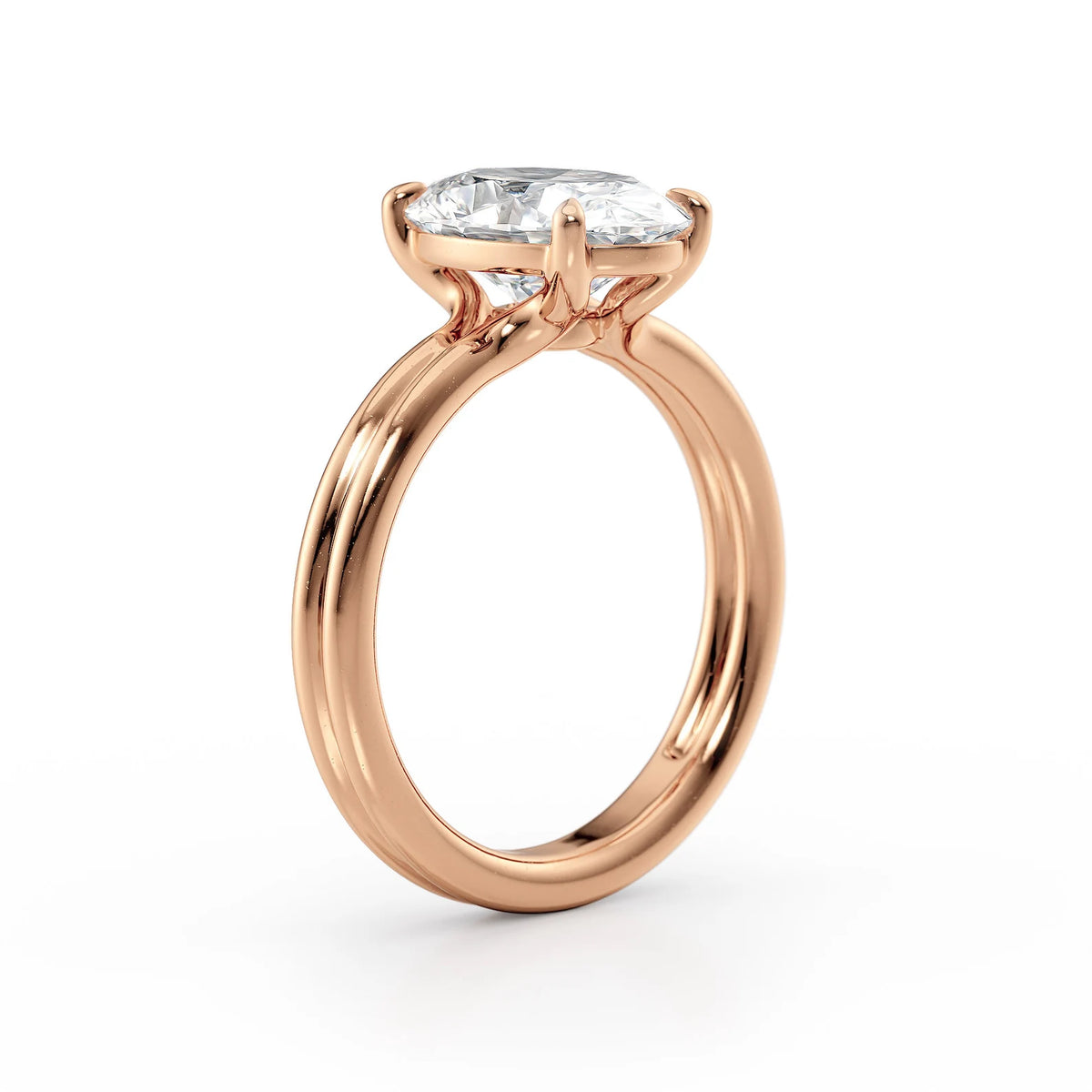 Side profile shot of a 4 CT oval lab grown diamond ring on a rose gold double-wire band.