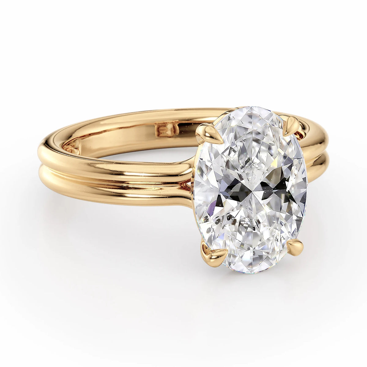 Angled perspective view of a 4 CT oval lab diamond ring with a yellow gold double band.
