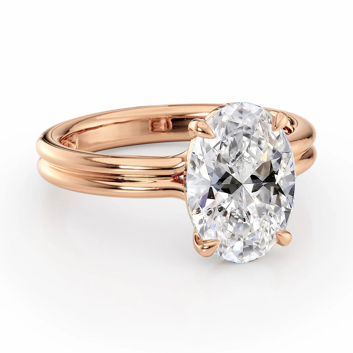 Angled perspective view highlighting the rose gold double-wire band on a 4 CT oval lab diamond ring.
