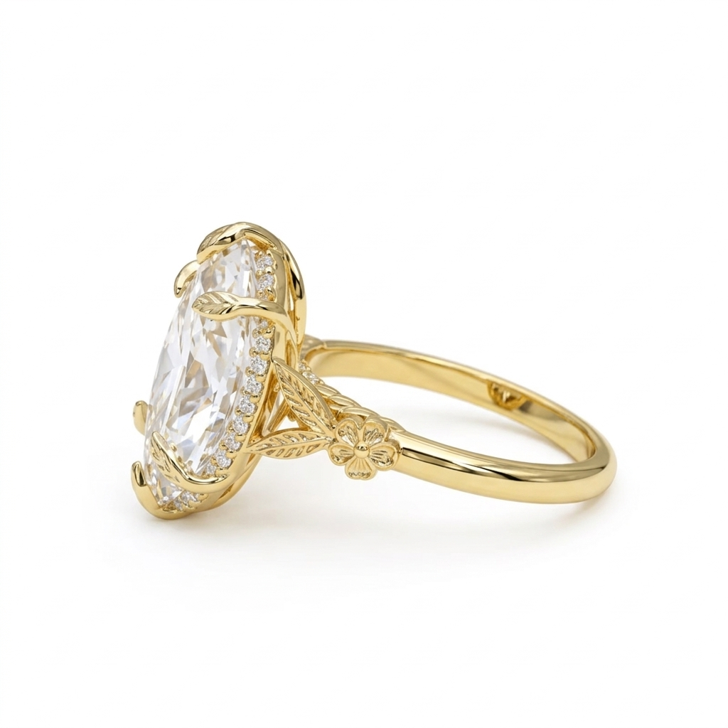 Side view of a 4 CT marquise lab grown diamond ring featuring carved floral leaf shoulders and hidden halo in yellow gold.