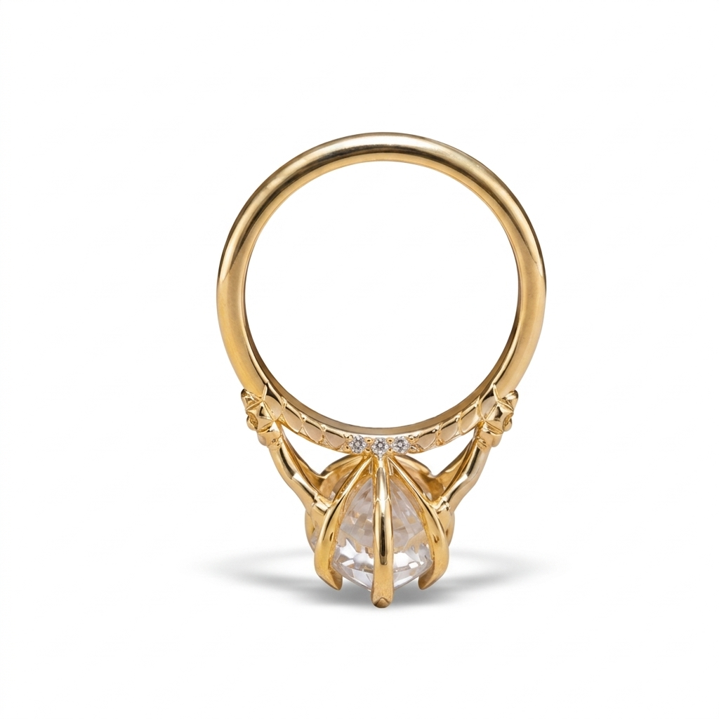 View through the band highlighting the structural basket and accent diamonds on a 4 CT marquise diamond ring.