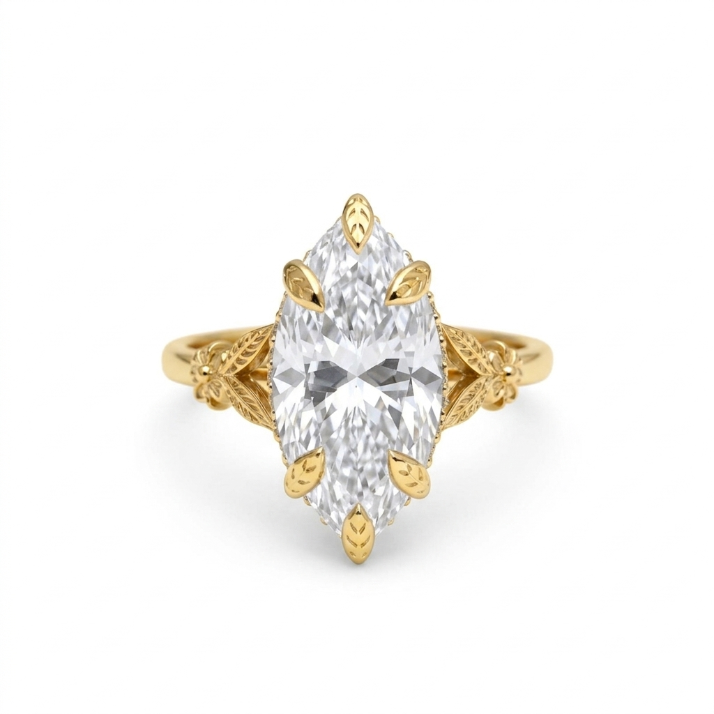 Top-down view of a 4 CT marquise cut lab grown diamond engagement ring with sculpted leaf prongs and floral shoulders.