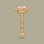 Side profile of a 3 CT fancy pink marquise lab grown diamond ring showing milgrain filigree shank with diamond stations.