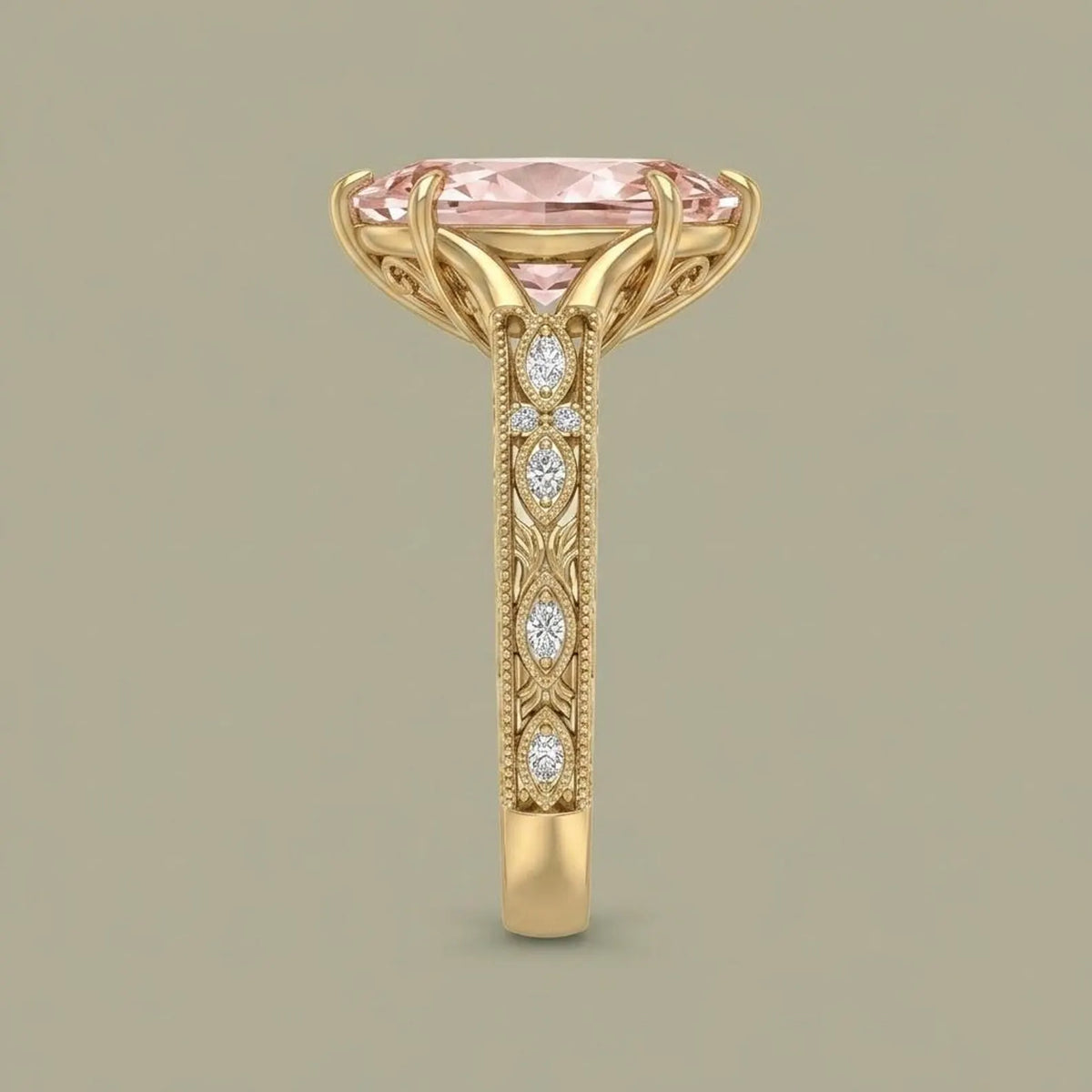 Side profile of a 3 CT fancy pink marquise lab grown diamond ring showing milgrain filigree shank with diamond stations.
