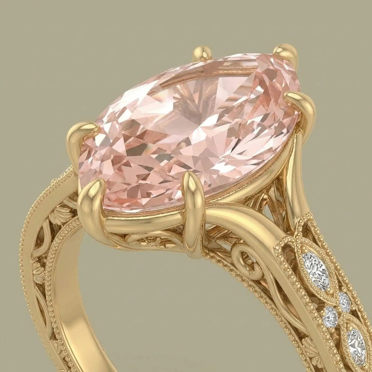 Close-up angle view highlighting six-prong setting and undergallery scrollwork of a fancy pink marquise diamond ring.